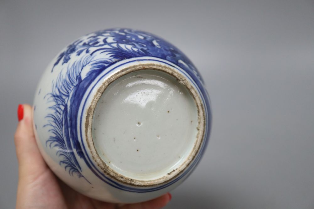 Chinese blue and white ceramics, four pieces including a jar and cover, a vase and two dishes